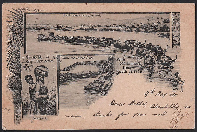 CGH 1904 WITH COMPLIMENTS OF SOUTH AFRCA POSTCARD WITH THREE DIFF VIGNETTES USED. SEE DESCIPTION