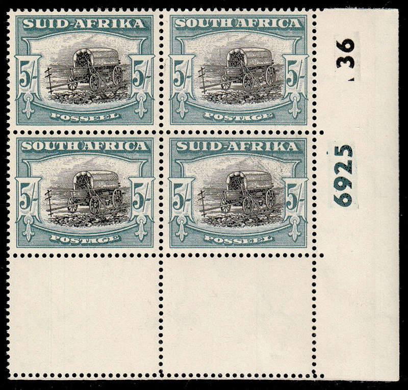 UNION 1947-54 SCREENED PICT 5s BLACK AND PALE BLUE GREEN CONTROLS 6925-36 BLOCK MINT SACC 121