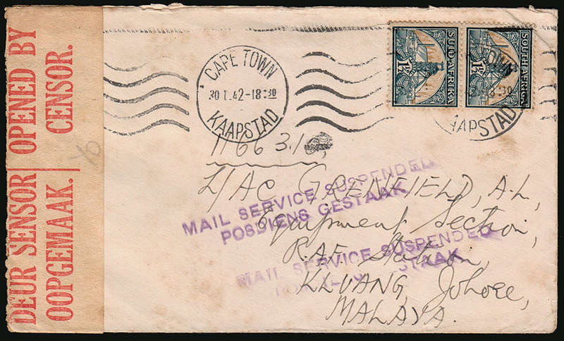 SOUTH AFRICA 1942 COVER CAPE TOWN TO MALAYA BILINGUAL MAIL SERVICE SUSPENDED DUE TO JAPANEESE OCC