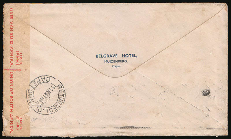 SOUTH AFRICA 1942 COVER CAPE TOWN TO MALAYA BILINGUAL MAIL SERVICE SUSPENDED DUE TO JAPANEESE OCC