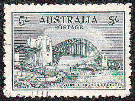 AUSTRALIA 1932 SYDNEY HARBOUR BRIDGE 5s BLUE-GREEN FINE USED. SG 143 CAT £225