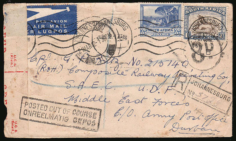 SOUTH AFRICA 1942 COVER JOHANNESBURG TO FORCES MEMBER WITH POSTED OUT OF COURSE CACHET 8d TAX MARK