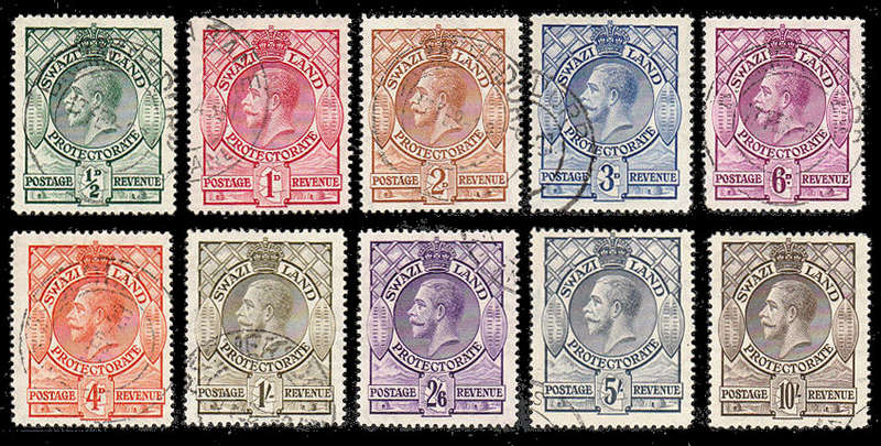 SWAZILAND 1933 KGV SET 10 VALUES FINE USED. SACC 10-19 CAT R6200