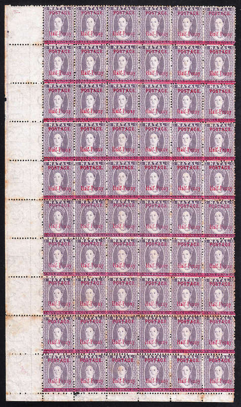 NATAL 1895 SURCHARGES SHEET OF 60 WITH LISTED VARIETIES PLUS PAGE WITH 17 SINGLES LISTED VAR MINT