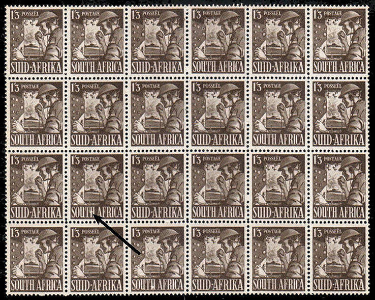 SOUTH AFRICA 1943 1s3d SIGNALLER BLACKISH BROWN BLOCK OF 24 WITH UHB VAR VERY FINE MNH SACC 103a