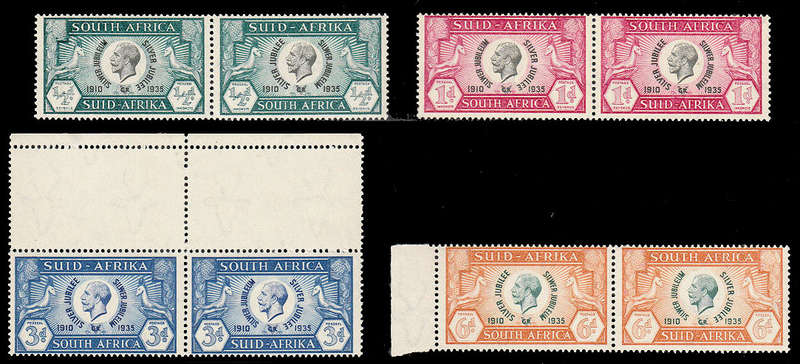 SOUTH AFRICA 1935 SILVER JUBILEE SET IN PAIRS VERY FINE MNH. ½d PAIR CLEFT SKULL, ODD OTHER VAR