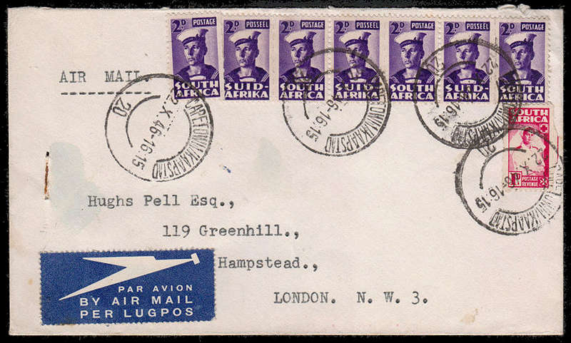 SOUTH AFRICA 1946 ATTRACTIVE AIRMAIL COVER WITH SMALL WAR 2d STRIP OF 6, A SINGLE AND SINGLE 1d FRO