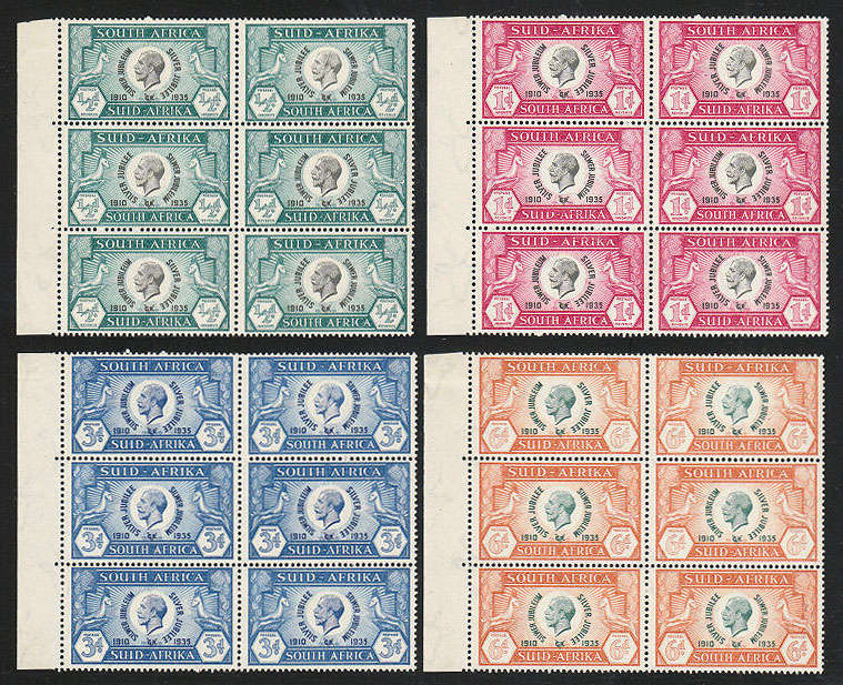 SOUTH AFRICA 1935 SILVER JUBILEE IN BLOCKS OF 6 WITH CLEFT SKULL AND TAGGED EAR VAR V FINE LMM/MNH