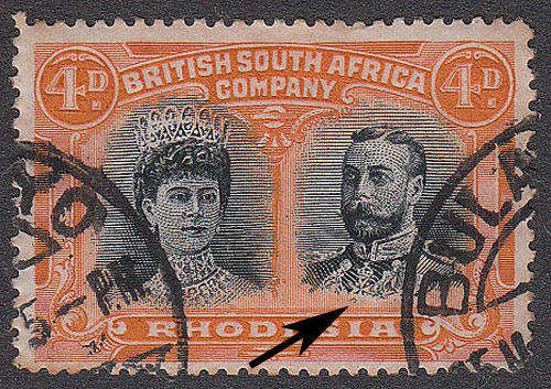 Rhodesia 1910 Double Heads 4d with Staple Flaw Variety Used