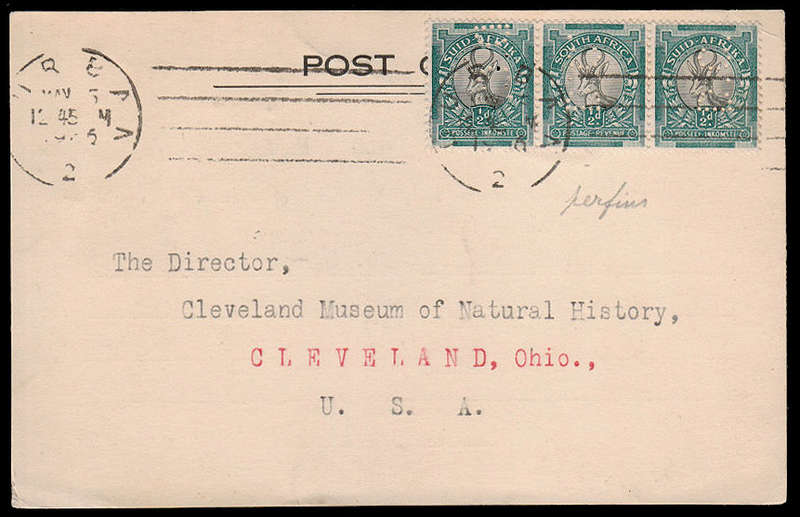 SOUTH AFRICA 1936 POSTCARD FRANKED ½d STRIP OF 3 EACH WITH 'DC' PERFINS', EX DURBAN ART GALLERY
