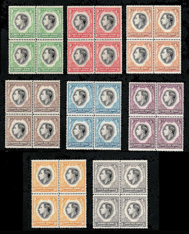 SOUTH WEST AFRICA 1937 CORONATION SET IN IMPRINT BLOCKS, IMPRINT GUTTER BLOCKS AND BLOCKS MNH