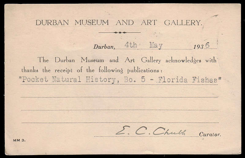 SOUTH AFRICA 1936 POSTCARD FRANKED ½d STRIP OF 3 EACH WITH 'DC' PERFINS', EX DURBAN ART GALLERY