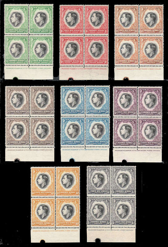 SOUTH WEST AFRICA 1937 CORONATION SET IN IMPRINT BLOCKS, IMPRINT GUTTER BLOCKS AND BLOCKS MNH