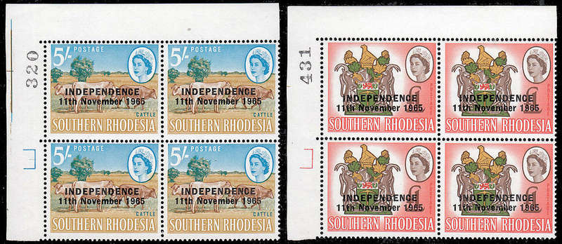 RHODESIA 1965 INDEPENDENCE OVPT 5s AND £1 SHEET NUMBER BLOCKS OF 4 VERY FINE MNH. SACC 127, 129