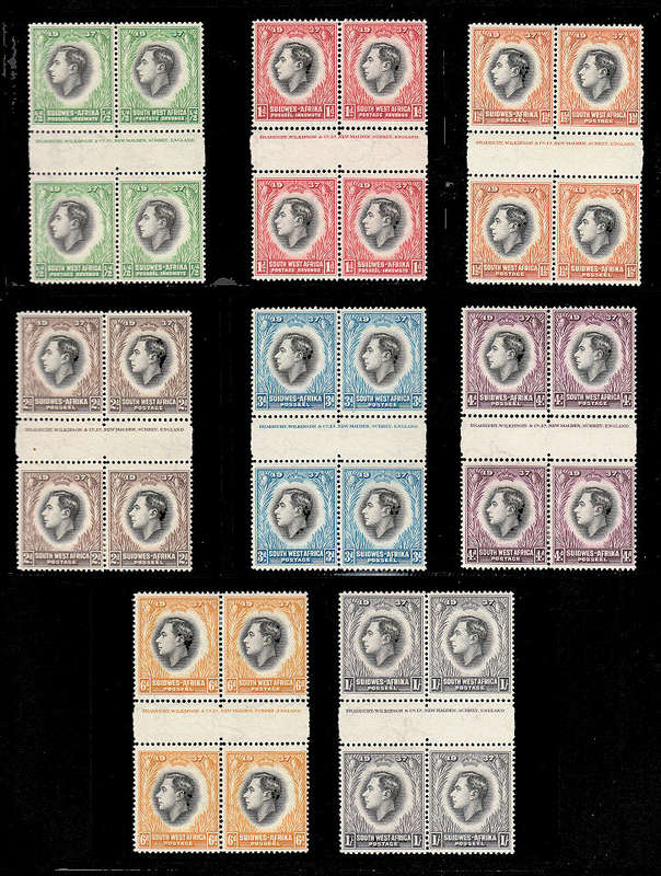SOUTH WEST AFRICA 1937 CORONATION SET IN IMPRINT BLOCKS, IMPRINT GUTTER BLOCKS AND BLOCKS MNH