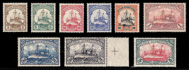 GERMAN SOUTH WEST AFRICA 1906 YACHT ISSUE LOZENGES WMK SET 9 VALUES VERY FINE MNH. SACC 26-34