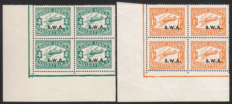 SOUTH WEST AFRICA 1930 AIRMAILS 3rd PRTG MATCHING CORNER BLOCKS OF 4, 1s OFFSET OF OVPT MNH