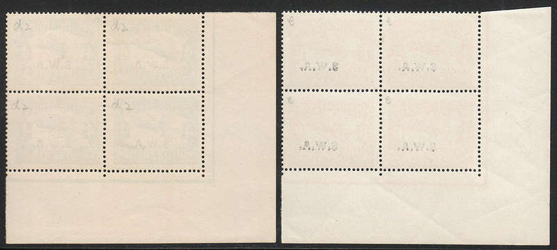 SOUTH WEST AFRICA 1930 AIRMAILS 3rd PRTG MATCHING CORNER BLOCKS OF 4, 1s OFFSET OF OVPT MNH