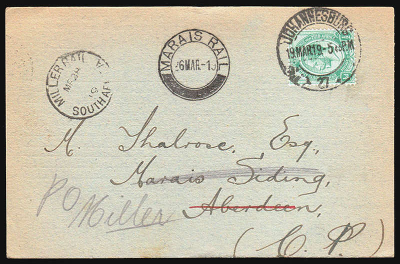 UNION 1919 COMMERCIAL POSTCARD EX JOHANNESBURG WITH MARAIS RAIL AND MILLER RAIL POSTMARKS. SCARCE.