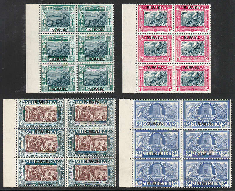 SOUTH WEST AFRICA 1938 VOORTREKKER MEMORIAL SET IN BLOCKS OF 6 VERY FINE MNH.SACC 132-35. CAT R7600