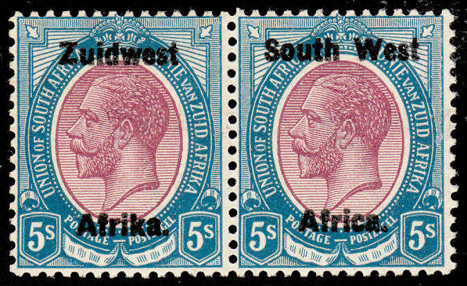 SOUTH WEST AFRICA 1924 KGV OVPTS TYPE III 5s PURPLE AND BLUE BOLD OVPT PAIR VERY FINE MINT. SACC 24