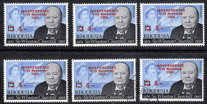 RHODESIA 1966 INDEPENDENCE OVPTS 5s CHURCHILL 4 MNH AND 2 USED COPIES. SACC 129 R 2100 CLEAN LOT