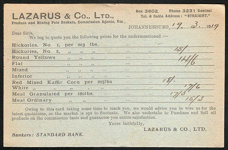 UNION 1919 COMMERCIAL POSTCARD EX JOHANNESBURG WITH MARAIS RAIL AND MILLER RAIL POSTMARKS. SCARCE.