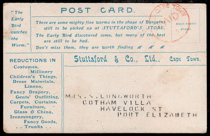 CGH 1905 SCARCE CAPE TOWN PAID POSTMARK ON LOVELY STUTTEFORDS ADVERTISING POSTCARD