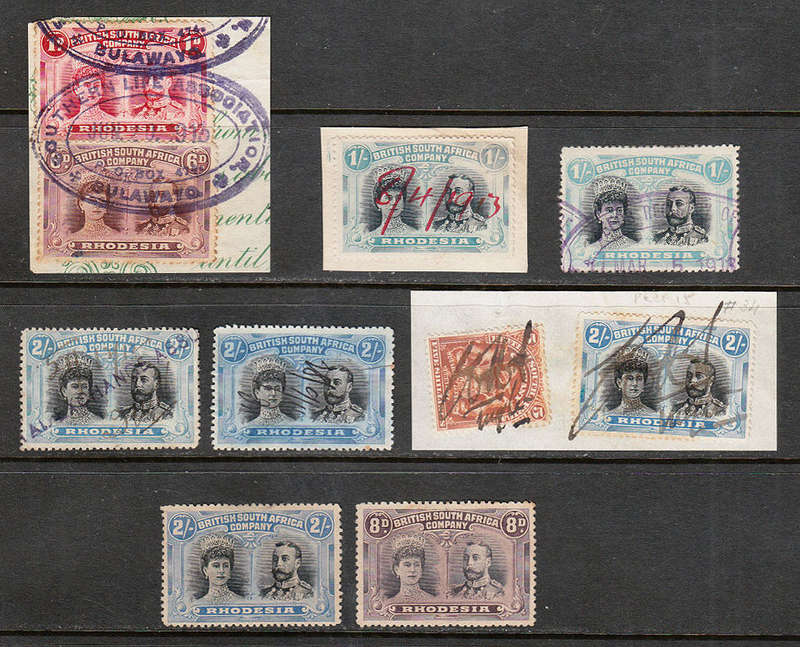 RHODESIA 1910 DOUBLE HEAD SMALL SELECTION OF FISCALLY USED + 8d AND 2s UNUSED WITHOUT GUM