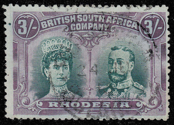 RHODESIA BSAC 1910 DOUBLE HEADS 3s BRIGHT GREEN AND MAGENTA SHADE FINE USED. SACC 158a R14000