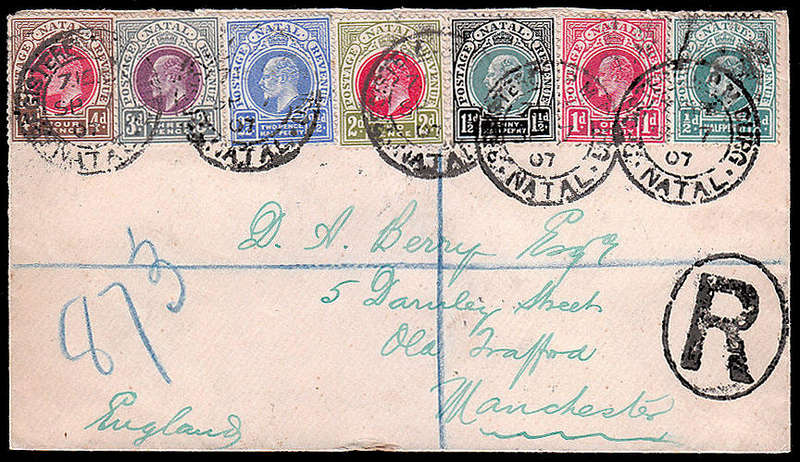 NATAL 1907 (23 AUG) REG COVER BEARING 7 DIFF KEVII VALUES/COLOURS FROM PMB TO MANCHESTER.