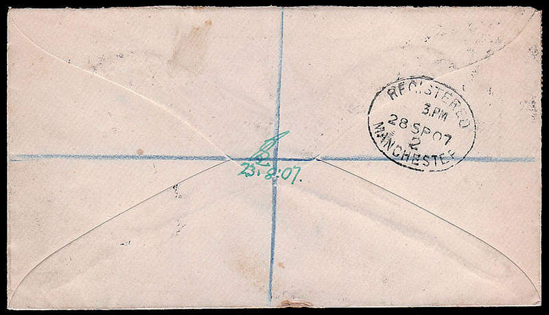 NATAL 1907 (23 AUG) REG COVER BEARING 7 DIFF KEVII VALUES/COLOURS FROM PMB TO MANCHESTER.