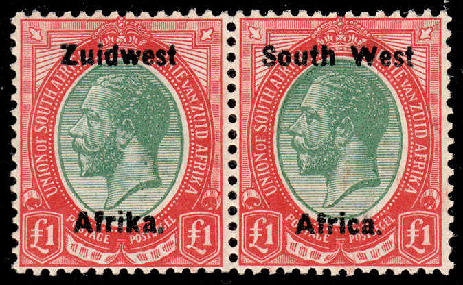 SOUTH WEST AFRICA 1924 KGV OVPTS TYPE III £1 THINNER OVPT PAIR VERY FINE MINT. SACC 37