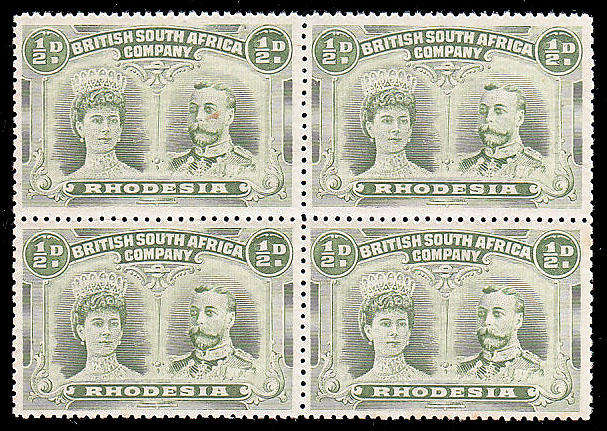 RHODESIA 1910 DOUBLE HEADS ½d YELLOW-GREEN BLOCK OF 4 VERY FINE MNH. 1 STAMP SLIGHT MARK SG 119