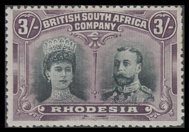 RHODESIA BSAC 1910 DOUBLE HEADS 3s GREEN AND VIOLET WITH GASH IN EAR VAR FINE MINT. SACC 158