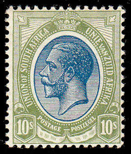 SOUTH AFRICA 1913 KING'S HEADS 10s BLUE AND OLIVE-GREEN VERY FINE LMM. SACC 15 R10000