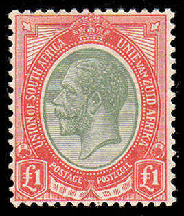 SOUTH AFRICA 1913 KING'S HEADS £1 PALE OLIVE-GREEN AND RED VERY FINE LMM. SACC 16a R22000