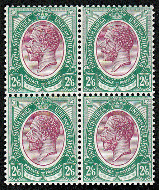 SOUTH AFRICA 1913 KING'S HEADS 2s6d PURPLE AND GREEN BLOCK OF 4 VERY FINE MNH. SACC 13 CAT R10000