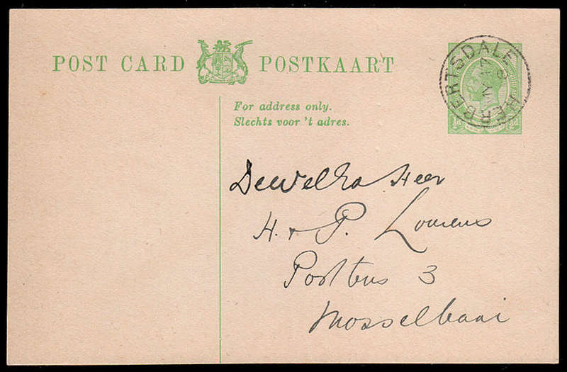 UNION 1918 VERY FINE "HERBERTSDALE" POSTMARK ON COMMERCIALLY USED ½d PS POSTCARD TO MOSSELBAAI