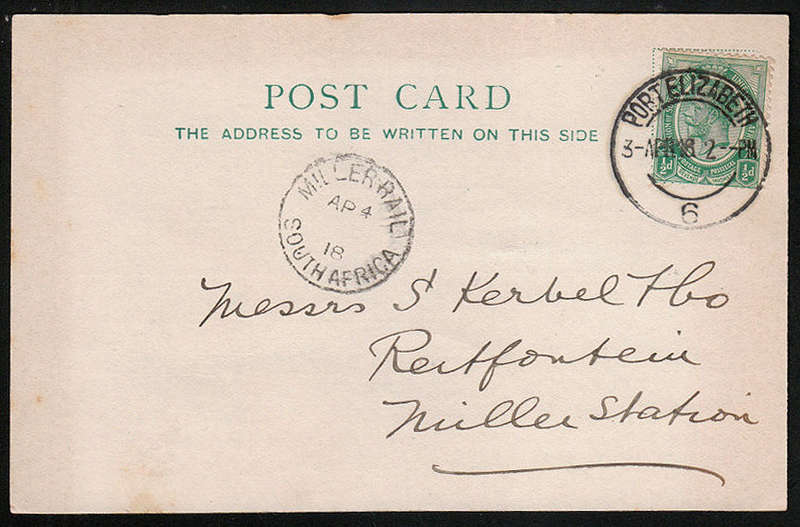 UNION 1918 ADVERTISING CARD FRANKED ½d KGV FROM PORT ELIZABETH WITH FINE MILLER RAIL ARRIVAL ON FRON