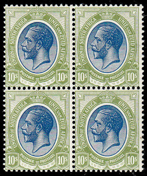 SOUTH AFRICA 1913 KING'S HEADS 10s BLUE AND OLIVE-GREEN BLOCK OF 4 VERY FINE MNH. SACC 15 CAT R60000