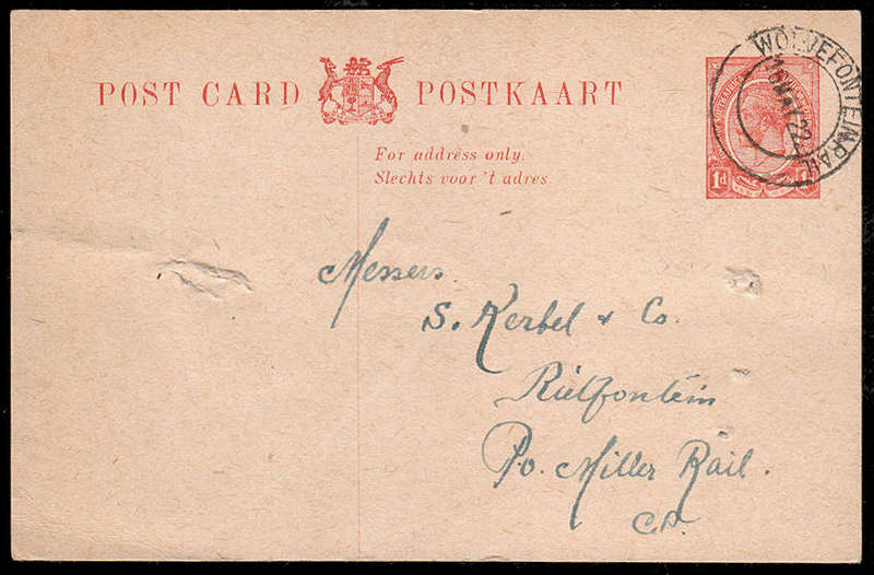UNION 1922 COMPLETE "WOLVEFONTEINRAIL" POSTMARK ON COMMERCIALLY USED 1d PS POSTCARD