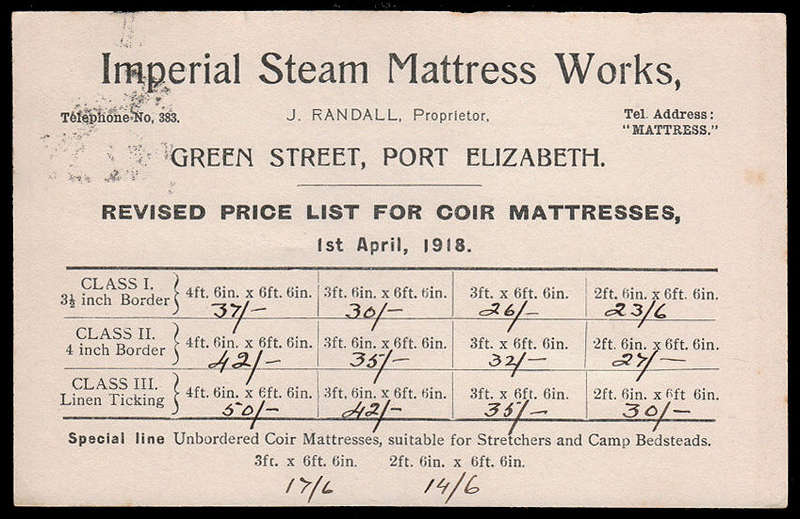 UNION 1918 ADVERTISING CARD FRANKED ½d KGV FROM PORT ELIZABETH WITH FINE MILLER RAIL ARRIVAL ON FRON