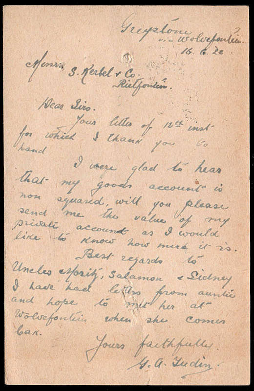 UNION 1922 COMPLETE "WOLVEFONTEINRAIL" POSTMARK ON COMMERCIALLY USED 1d PS POSTCARD