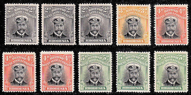 RHODESIA ADMIRALS 1913 DIE I PERF 14 RANGE WITH SOME DUPLICATION FINE LMM SACC 209-12 R5000