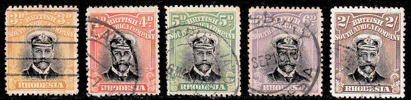RHODESIA ADMIRALS 1913 DIE I PERF 14 3d to 2s excl 8d used. SACC 210 - 214. See description.