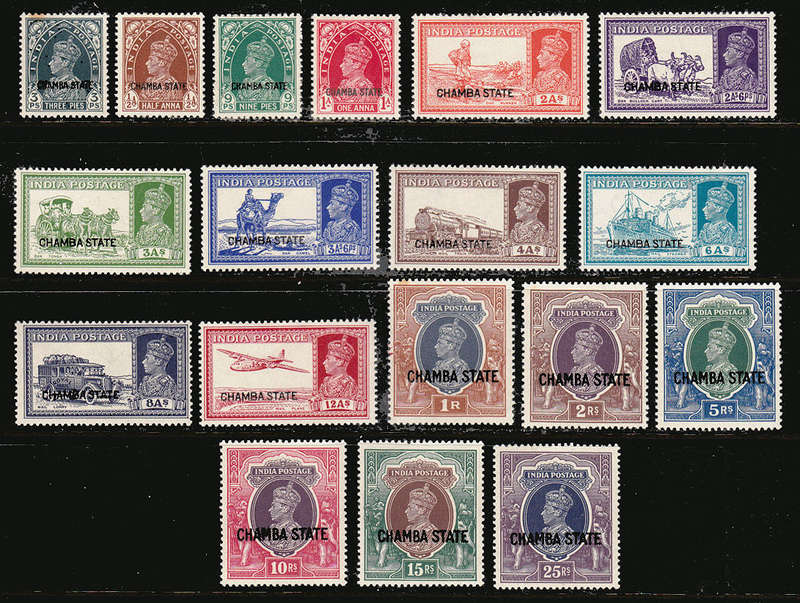 INDIA - CHAMBA STATE 1938 KGVI SET 18 VALUES FINE MINT SG 82-99 CAT £1200. SEE SESCRIPTION