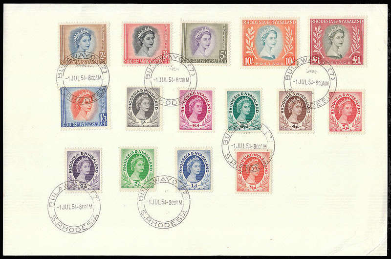 RHODESIA AND NYASALAND 1954 DEFIN SET ON THIN CARD WITH BULAWAYO FIRST DAY CANCELS. VERY CLEAN