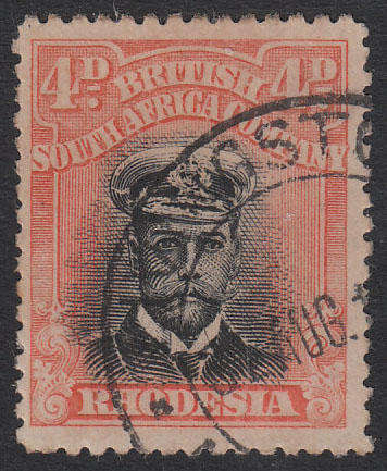 RHODESIA 1913-22 ADMIRALS DIE IIIA 4d DEEP BLACK AND ORANGE FINE USED. SG 255d R600.