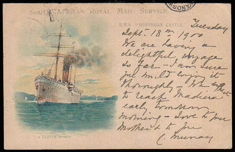 1900 UNION CASTLE LINE COLOURFUL VIGNETTE OF 'A CASTLE LINER' ON 1d CGH POSTAL STATIONERY CARD USED